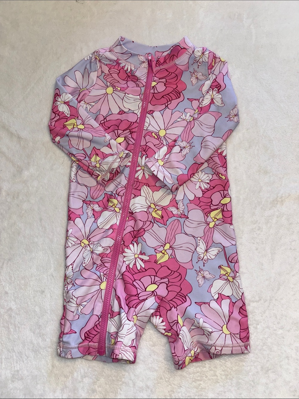 Kids Floral Long-Sleeve Zip Front Swimsuit - Pink